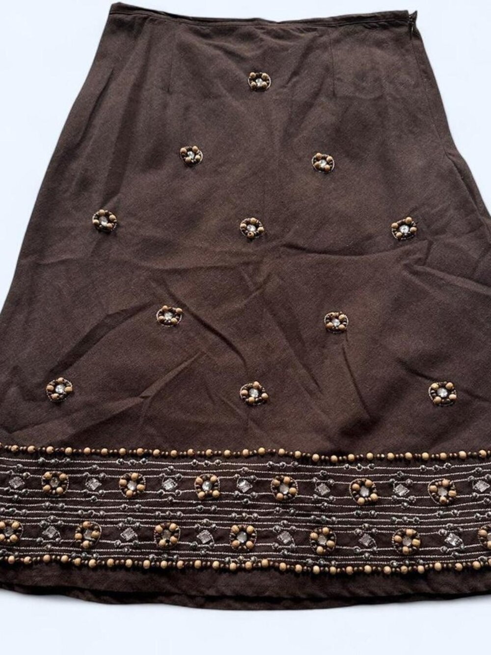 Vintage Y2K Willi Smith Brown Beaded Linen Blend Midi Skirt Size 8